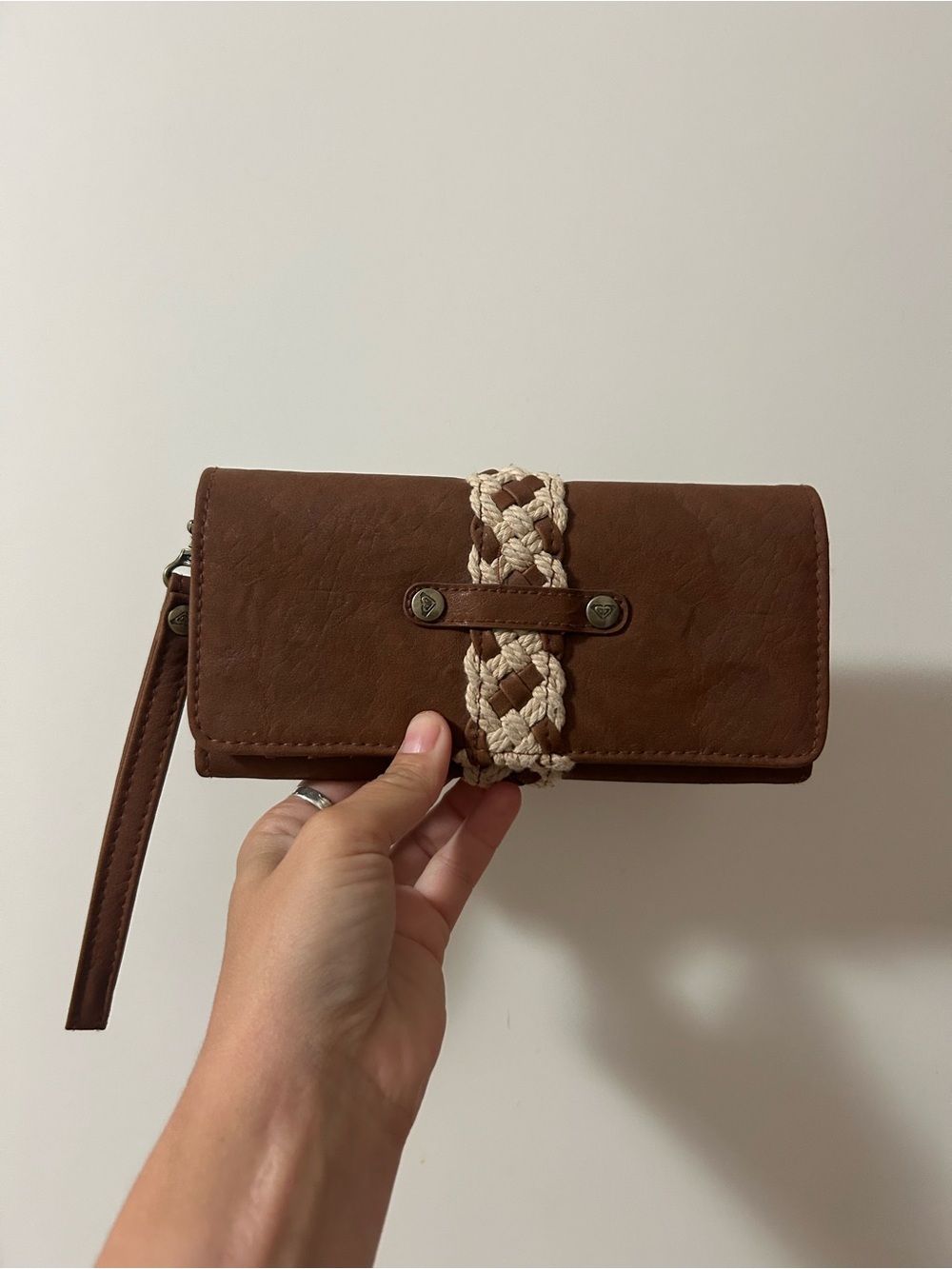 Y2K Roxy Brown Wallet Clutch with Braided Cream Accent Boho Wristlet EUC